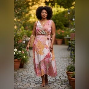City Chic Pink and Orange Floral Midi Dress